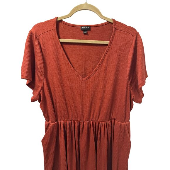 Torrid Rust Orange Ribbed Tiered V-Neck Dress Size 2X Short Sleeve Casual Dress - Picture 8 of 12